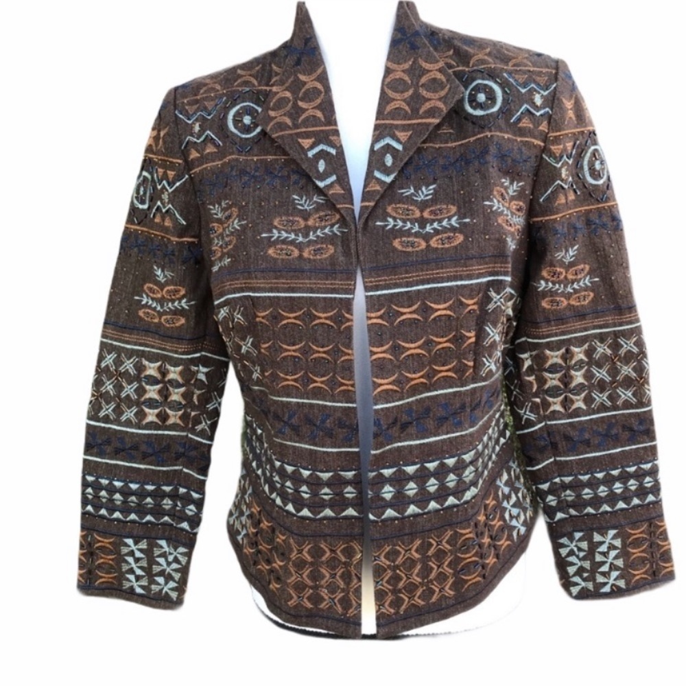 Coldwater Creek Brown Denim Embroidered Beaded southwest Jacket Blazer Size 6P